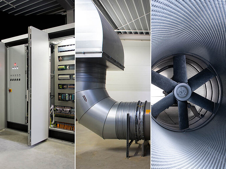 Kombination aus Technikschrank mit Elektronik, großem Lüftungskanal und Industrieventilator