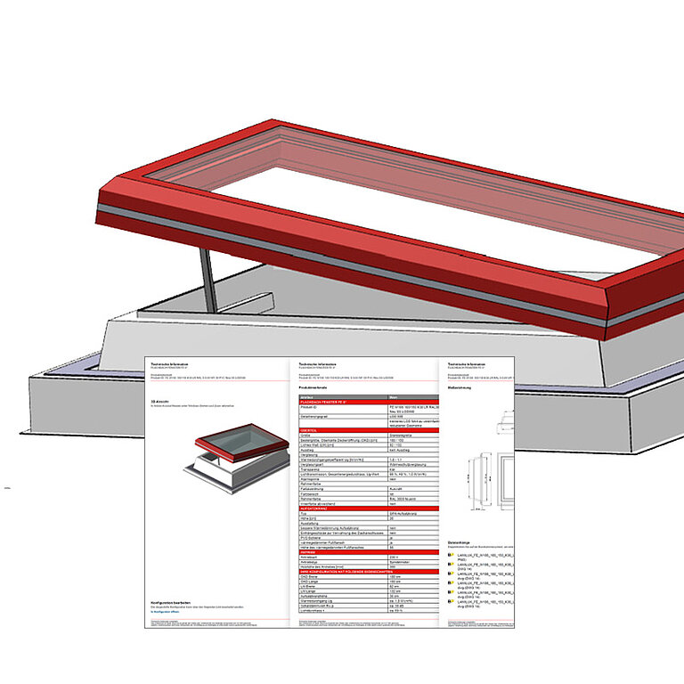 Darstellung eines digitalen Konfigurationsmodells mit schematischem Dachaufsatz, Bauteilmarkierungen und zugehöriger Softwareoberfläche