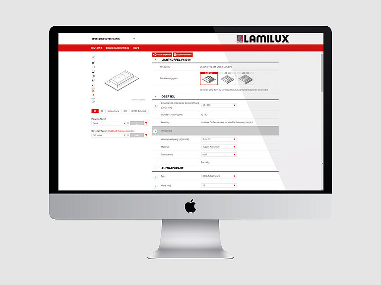 Desktop-Computer mit geöffneter webbasierten Benutzeroberfläche, die ein Formular mit Eingabefeldern, Auswahloptionen und Navigationsleiste anzeigt