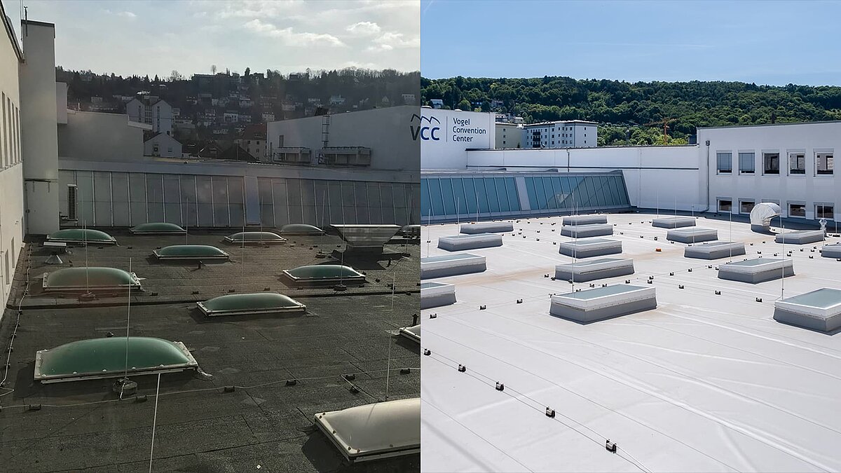 Vergleich des Dachs des Vogel-Convention-Centers in Würzburg vor und nach der Renovierung mit alten Lichtkuppeln und modernisierten Flachdach-Fenstern.