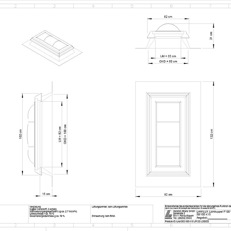 Technische Zeichnung mit schematischer Darstellung eines Dachaufsatzes inklusive Maßangaben, Schnittansichten und Konstruktionsdetails