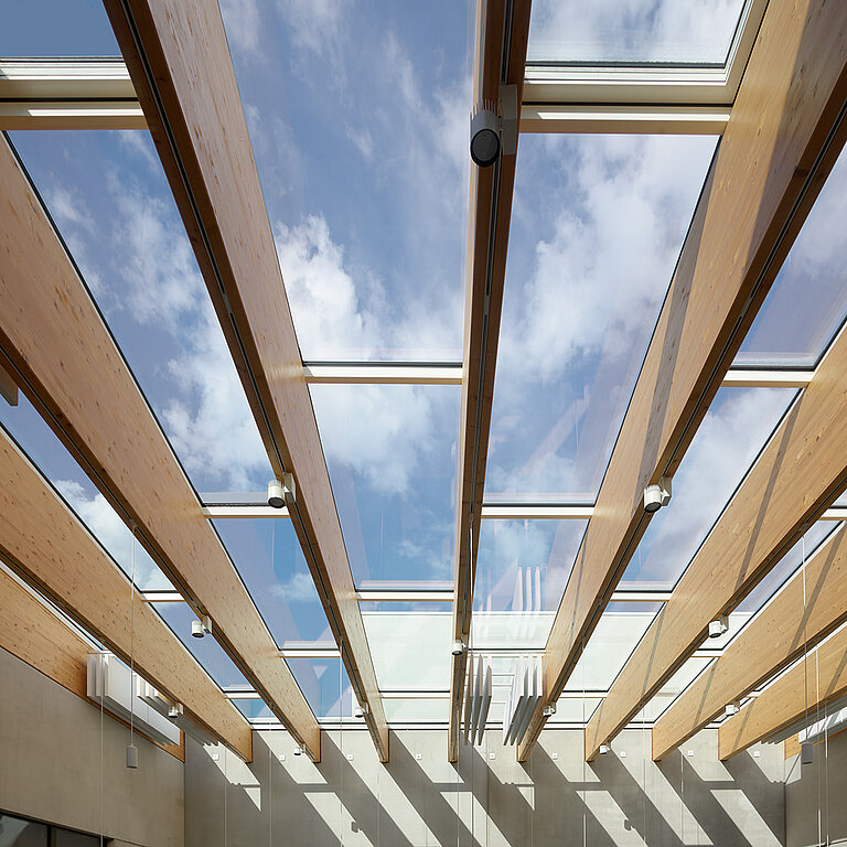 Glasdach PR60 mit Holzträgern und klarer Verglasung für natürlichen Lichteinfall.