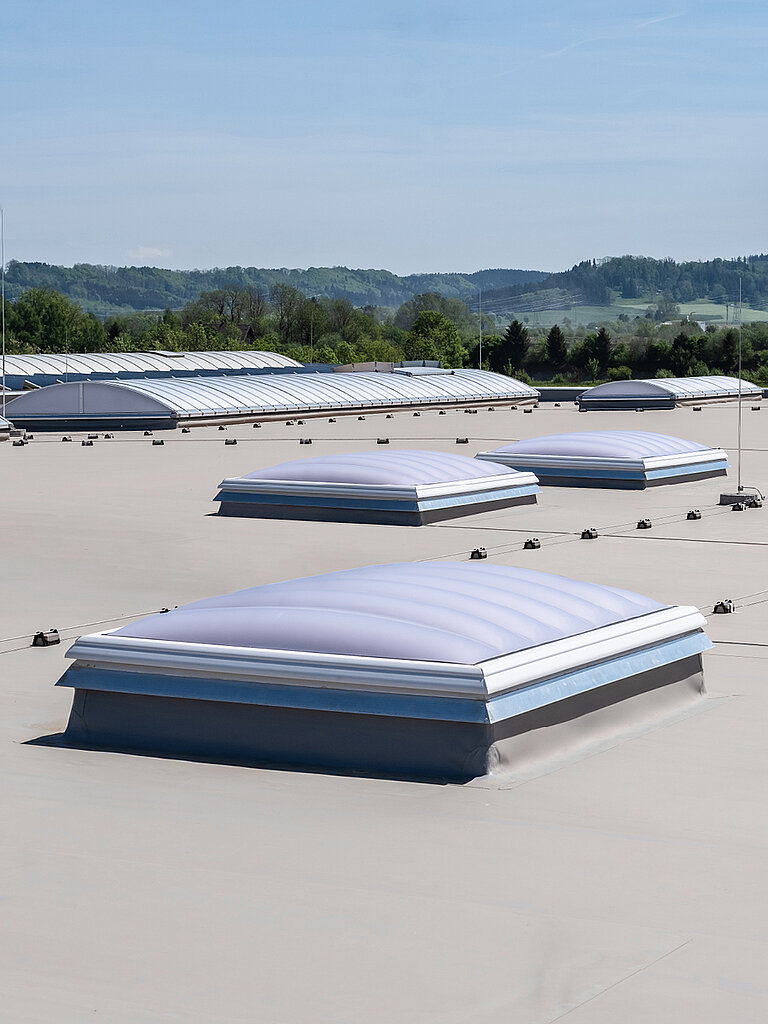 Mehrere LAMILUX Lichtkuppel F100W auf großem Flachdach eines Industriegebäudes