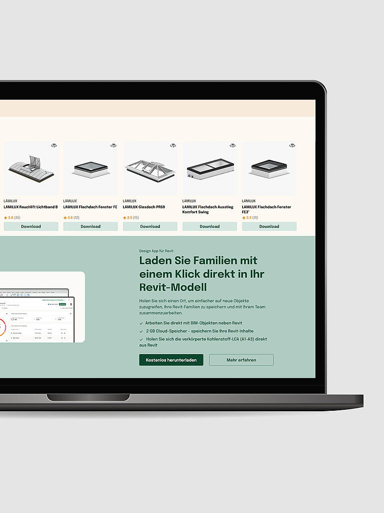 Laptop mit geöffneter webbasierten Benutzeroberfläche, die eine Produktübersicht mit Symbolen, Auswahloptionen und Ergebnisdarstellung zeigt