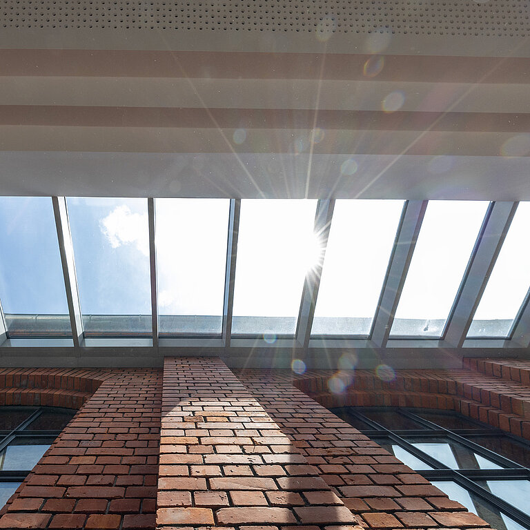 Sonne scheint durch ein Glasdach ins Gebäudeinnere auf eine Backsteinwand