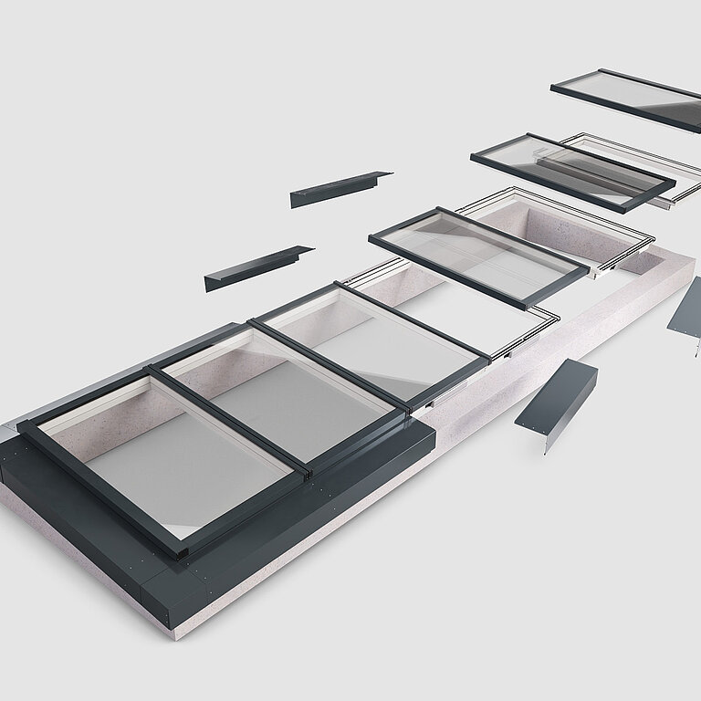 Explosionsdarstellung des modularen Glasdachs MS78 mit mehreren Glaselementen.