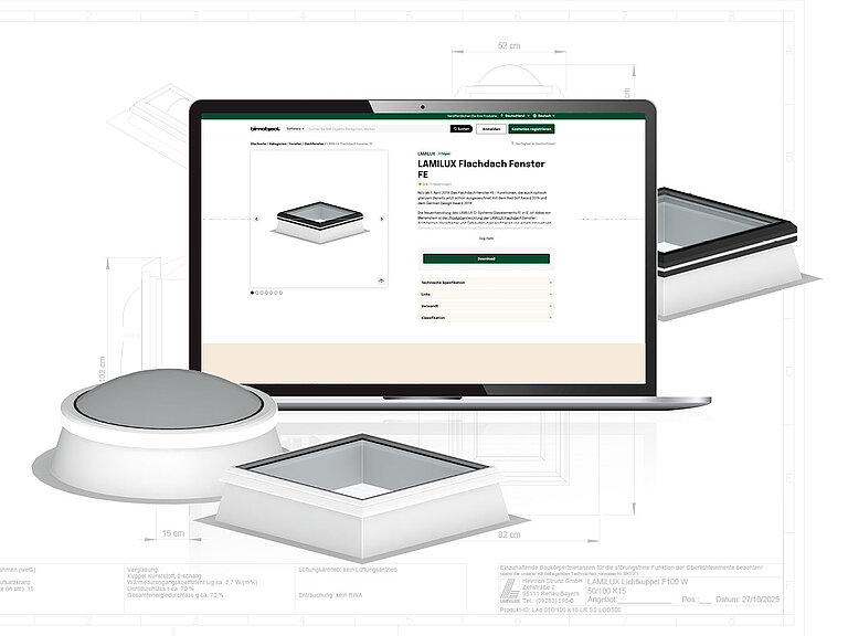 Laptop mit geöffneter webbasierten Konfigurationsoberfläche, kombiniert mit Darstellungen verschiedener Dachoberlicht-Produkte