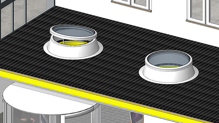 LAMILUX Flachdach Fenster F100 rund als BIM Modell im eingebauten Zustand