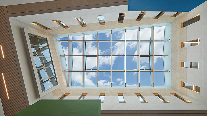 Blick auf die Glasdächer PR60 Passivhaus von LAMILUX mit blauen Himmel 