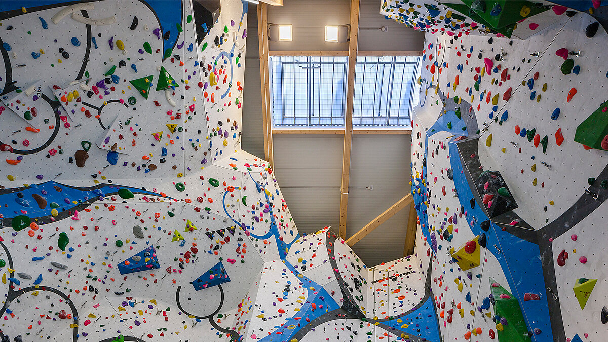 Kletterhalle mit bunten Kletterwänden und LAMILUX Lichtband B