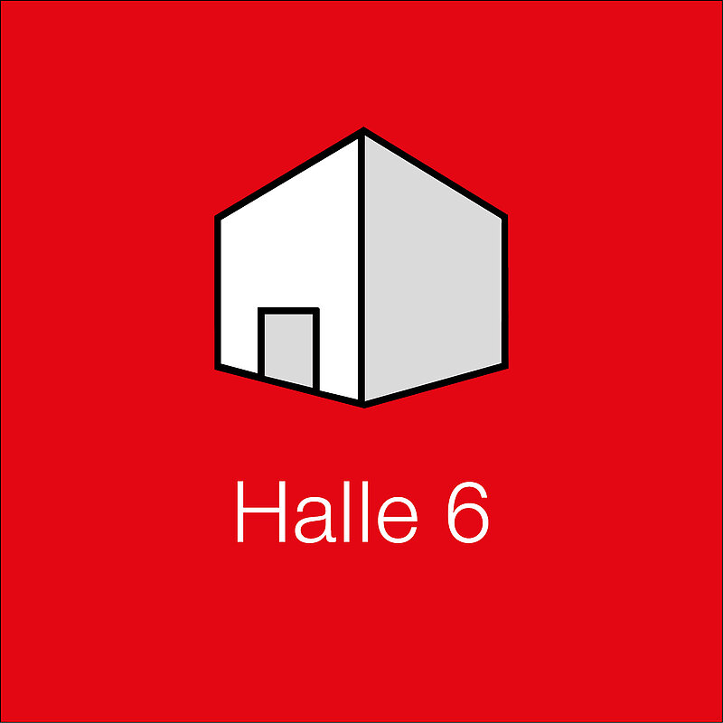 Grafisches Icon einer Messehalle auf rotem Hintergrund mit der Beschriftung ‚Halle 6‘