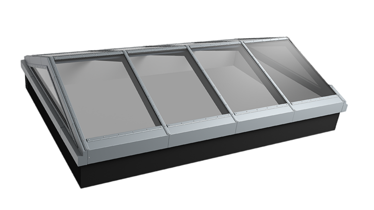 Glasdach PR60 mit vier schrägen Glaselementen in Aluminiumrahmen.