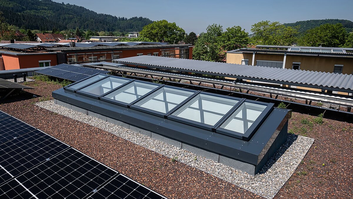 Blick auf das modularen Glasdach von LAMILUX vom Wohnhaus in Freiburg umgeben von Solarpanels auf einem begrünten Flachdach.