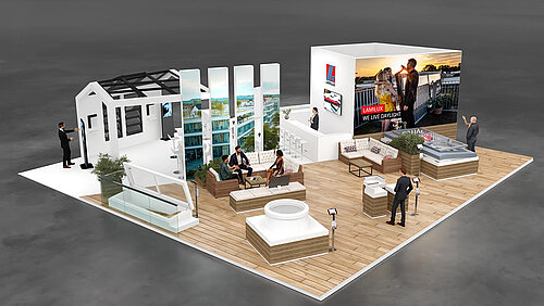 LAMILUX Messestand mit einladender Dachterrassen-Atmosphäre bei der BAU 2025