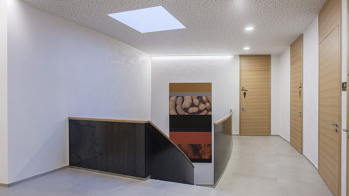 Treppenhaus bei Zaltech in Moosdorf, Österreich, beleuchtet durch ein LAMILUX Flachdachfenster F100 für natürliche Helligkeit.