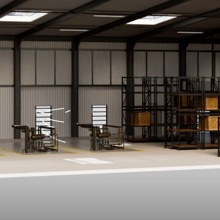 Innenansicht einer Industriehalle mit Arbeitsplätzen, Regalsystemen und Maschinen unter gleichmäßig belichteter Hallendecke