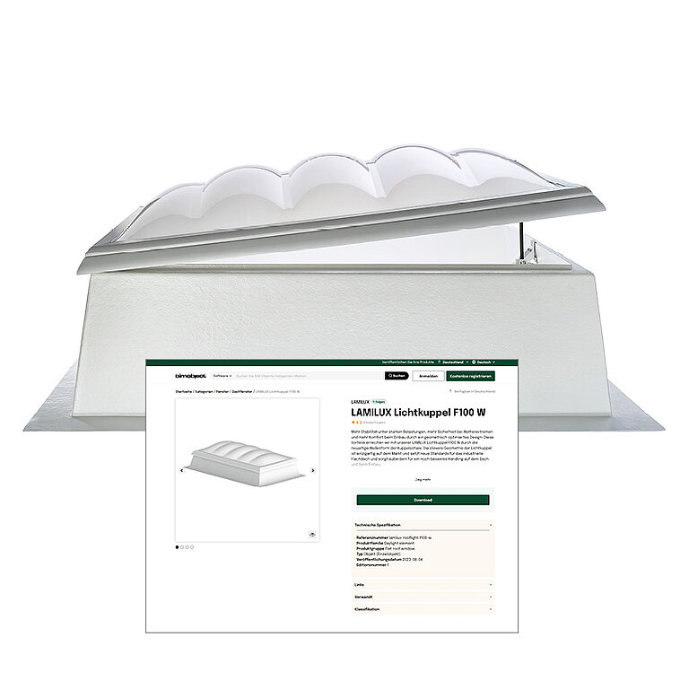 Produktdarstellung eines Dachoberlichts mit gewölbter Verglasung und Aufsatzrahmen, kombiniert mit einer digitalen Informations- und Auswahloberfläche