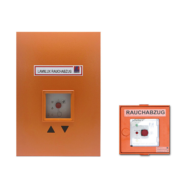 Orangefarbene manuelle Brandmelder mit Drucktaste und Beschriftung zur Auslösung eines Alarms im Notfall